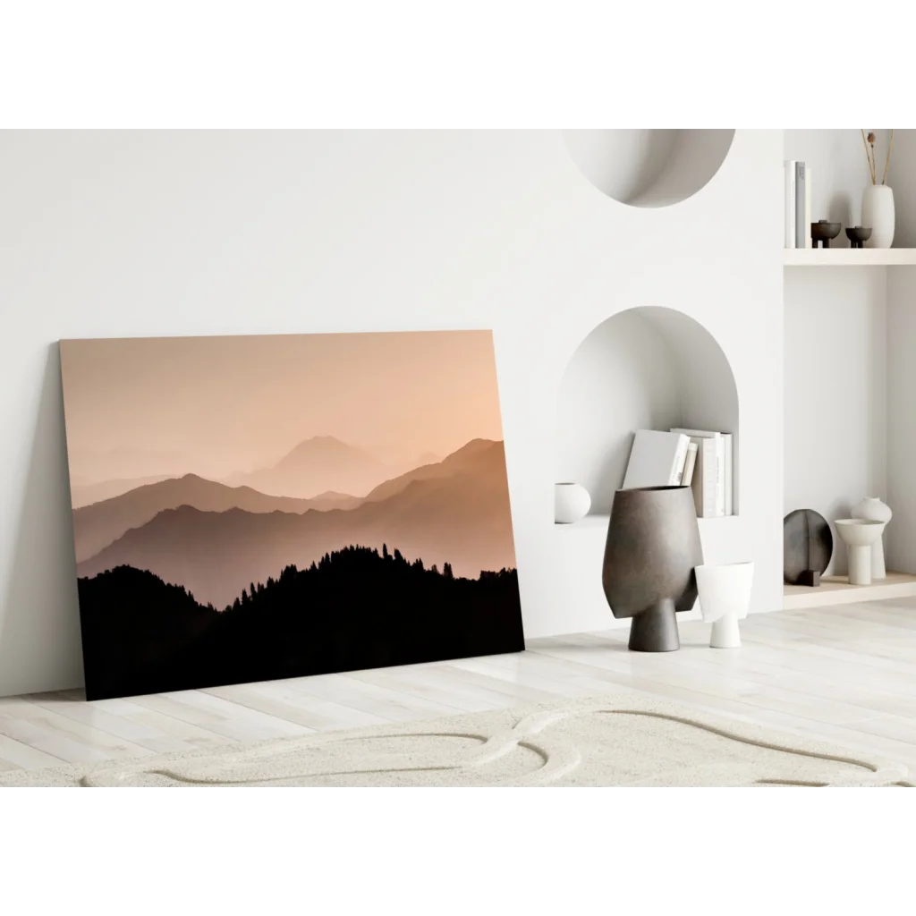 Sunset Mountain Peaks glass wall art canvas print with layered silhouettes