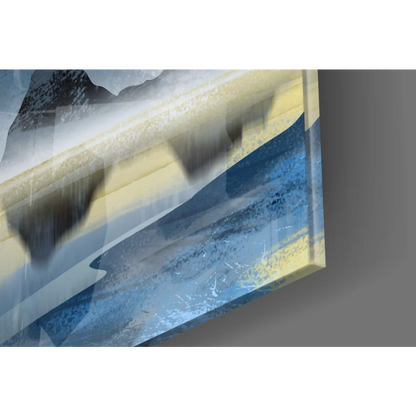 Abstract glass wall art of layered blue mountain landscape