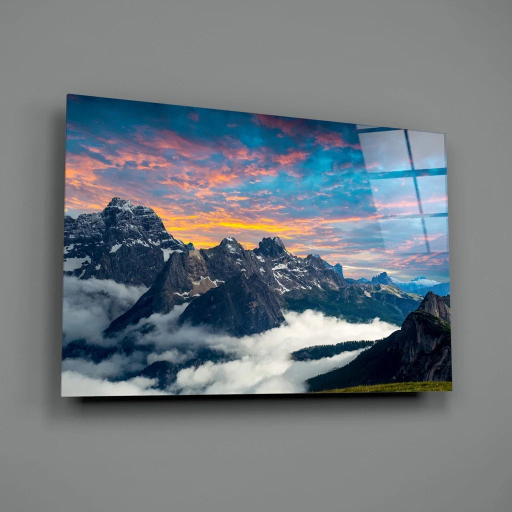 Vibrant mountain sunset glass wall art on glossy acrylic panel