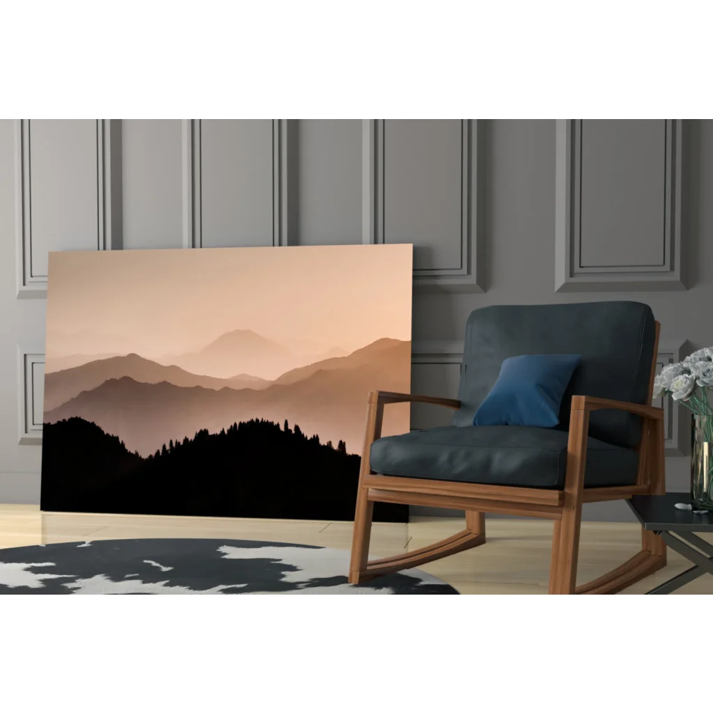 Sunset mountain peaks glass wall art canvas print with layered silhouettes