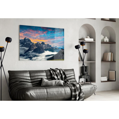 Stunning glass wall art of mountain sunset with vibrant sky