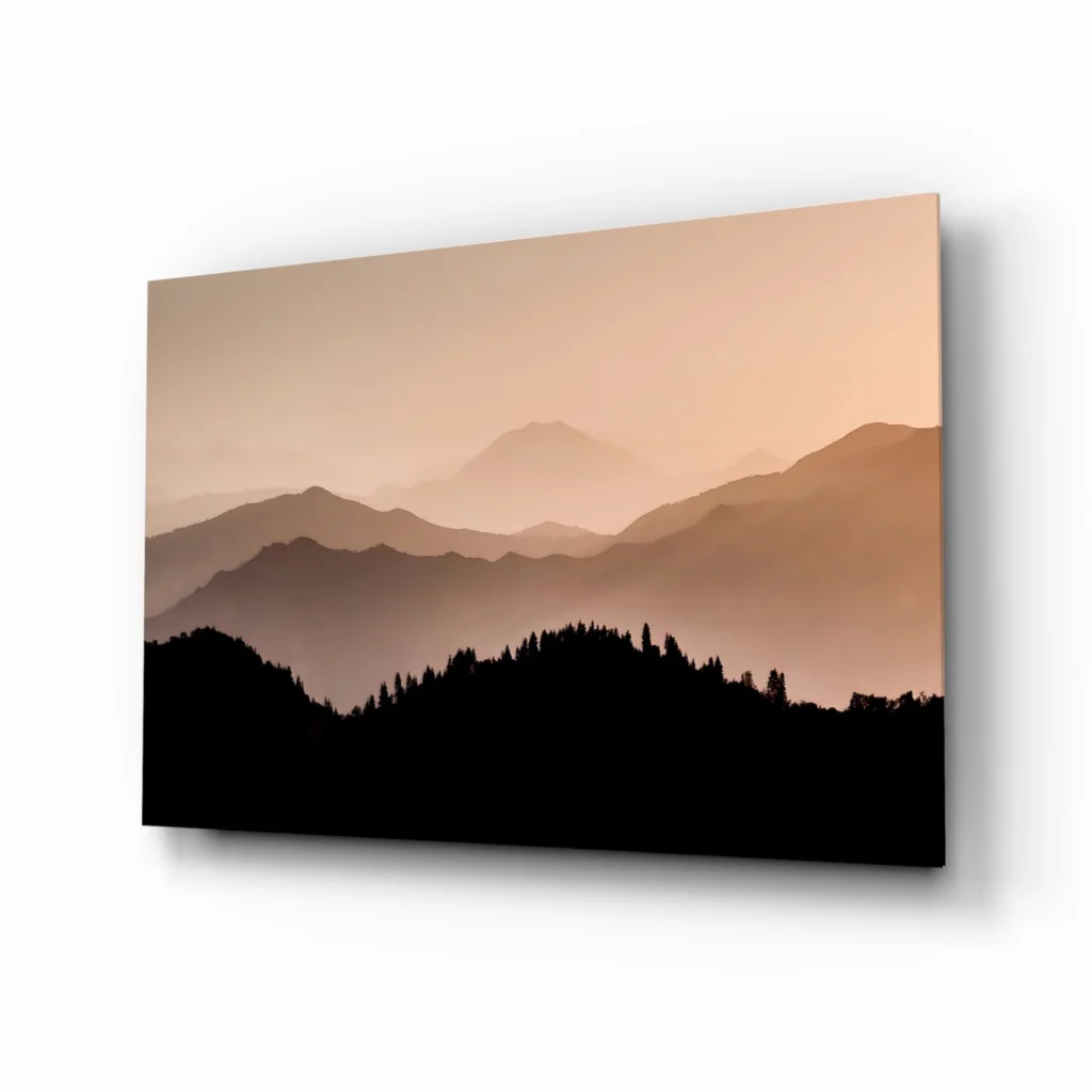 Serene sunset mountain peaks glass wall art canvas print