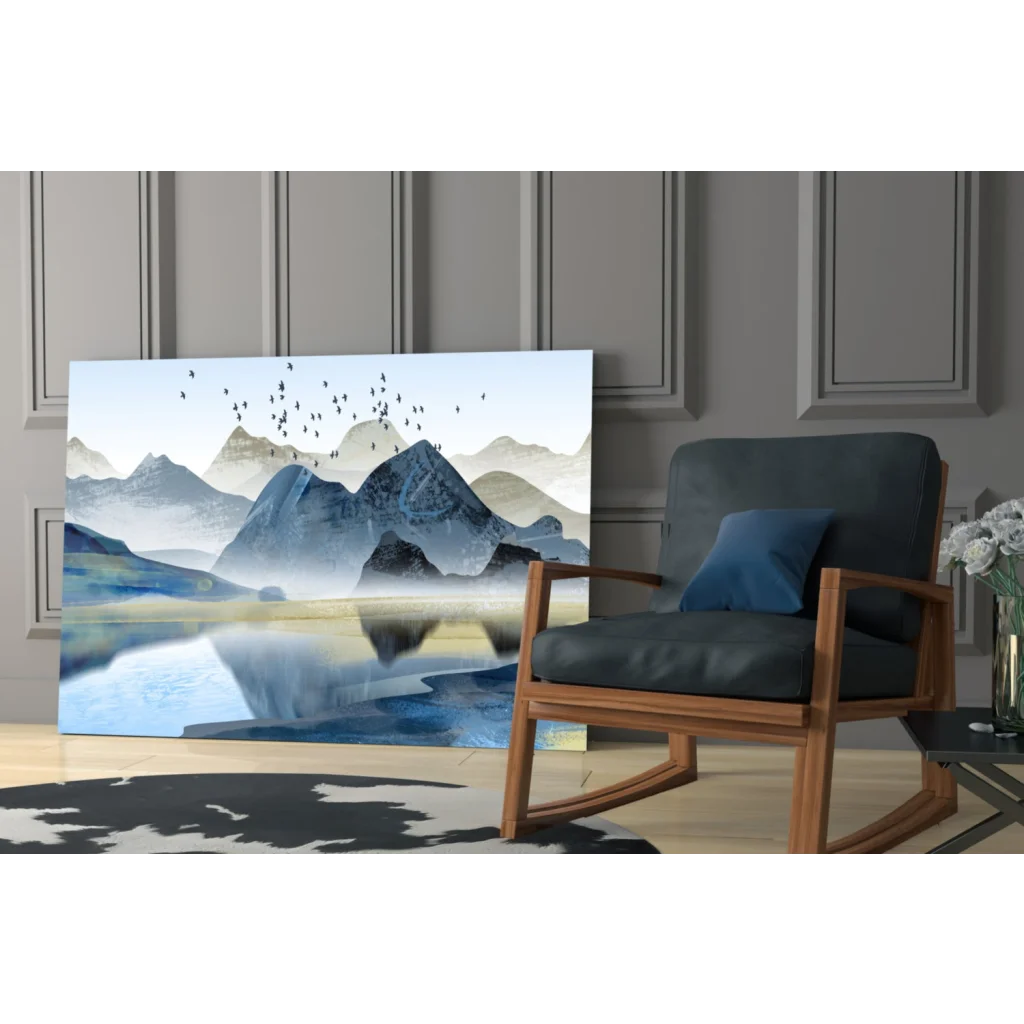 Stunning blue and white mountain landscape on glass wall art