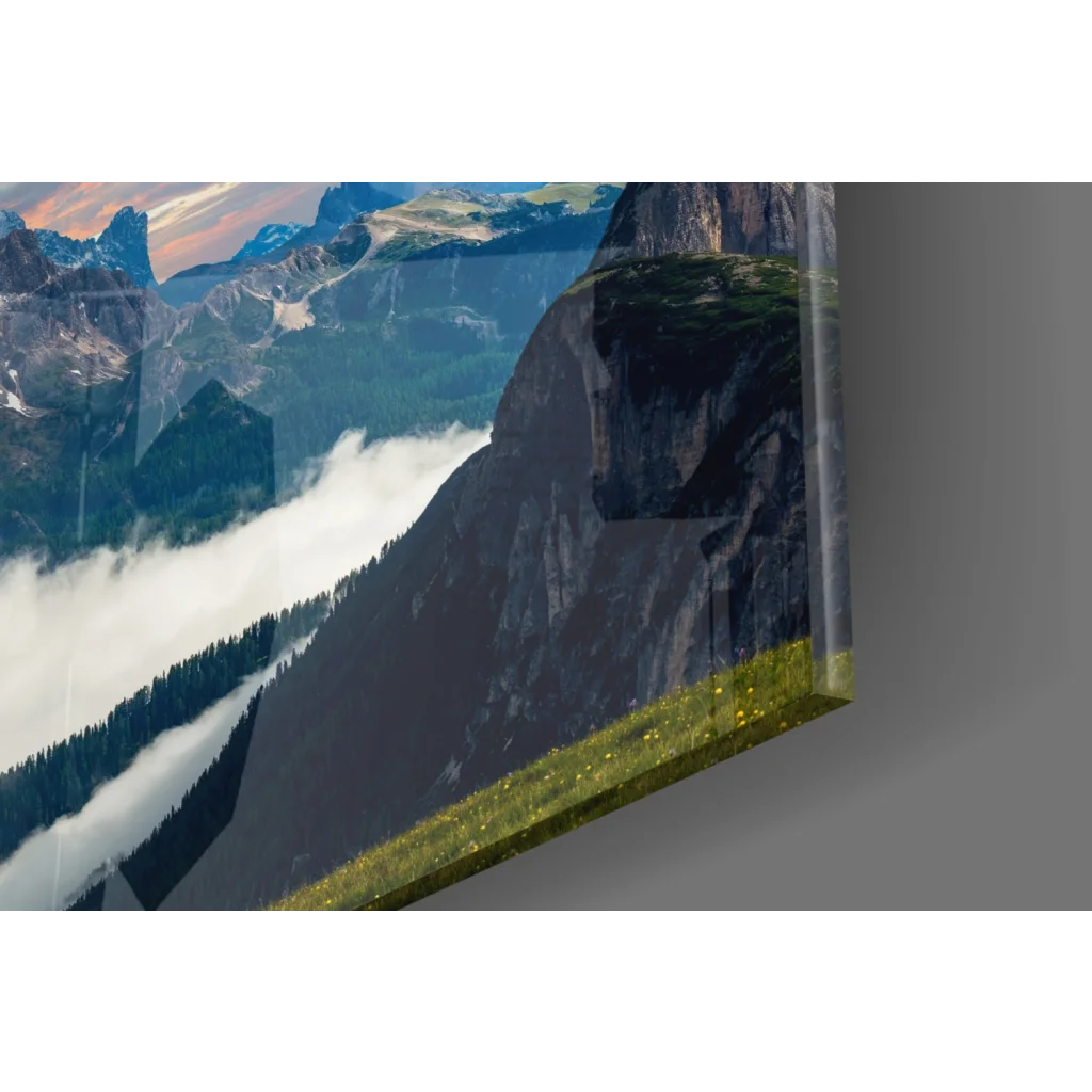 Stunning mountain sunset glass wall art with vivid peaks and valleys