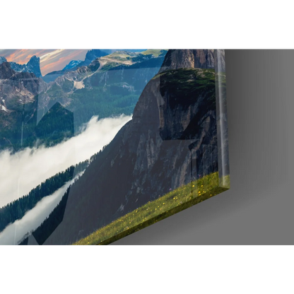 Stunning mountain sunset glass wall art with vivid peaks and valleys