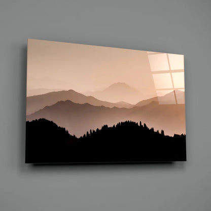 Sleek sunset mountain peaks glass wall art with serene acrylic landscape
