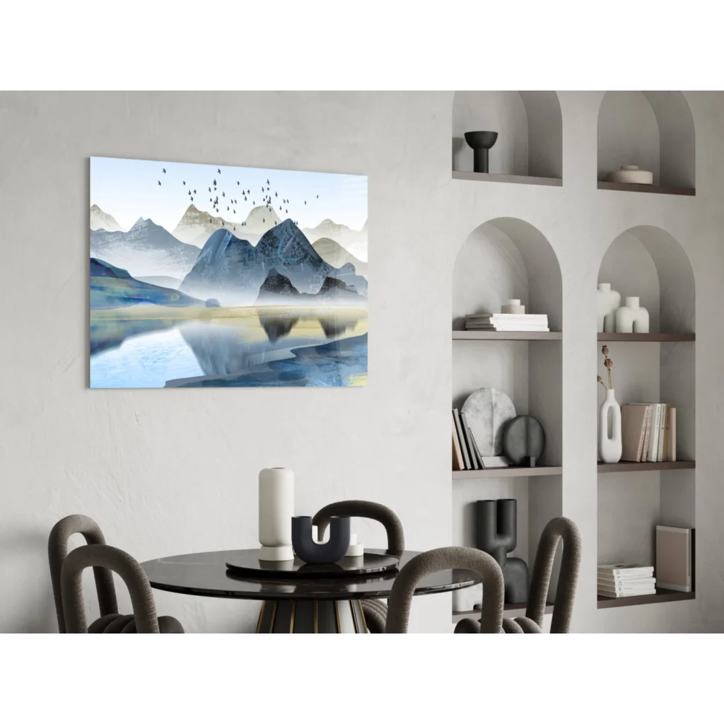 Serene misty mountain glass wall art print with peaks, water, birds