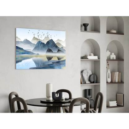 Serene misty mountain glass wall art print with peaks, water, birds