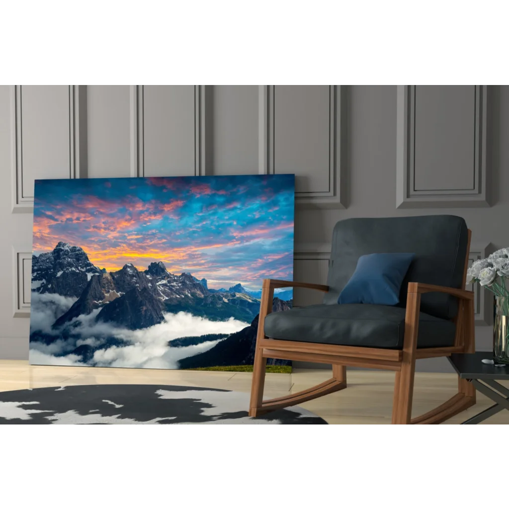 Stunning mountain sunset glass wall art with vibrant snow-capped peaks