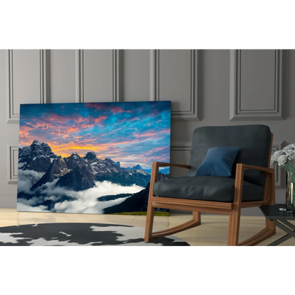 Stunning mountain sunset glass wall art with vibrant snow-capped peaks