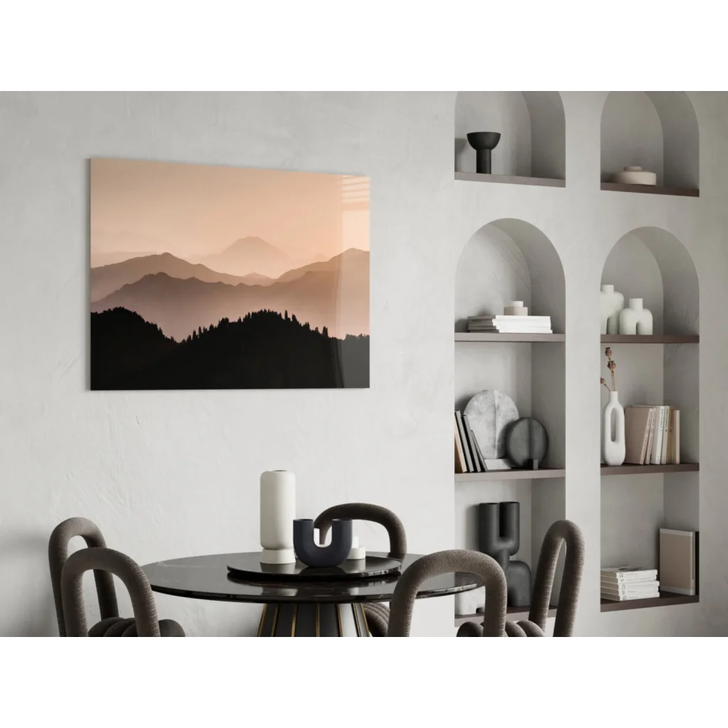Sleek sunset mountain peaks glass wall art canvas print