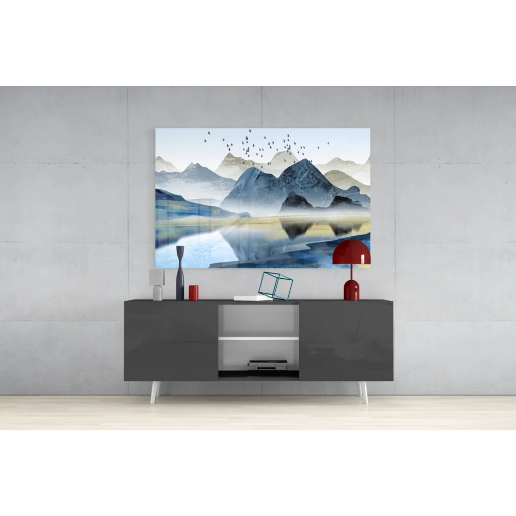 Modern abstract misty mountain glass wall art in blues and grays