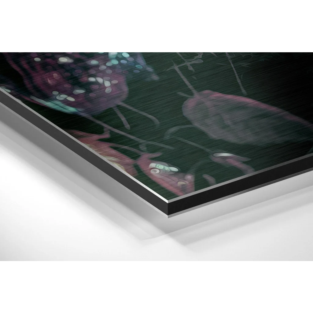 Glass Wall Art Stunning brushed aluminium dibond print with vibrant pink teal florals