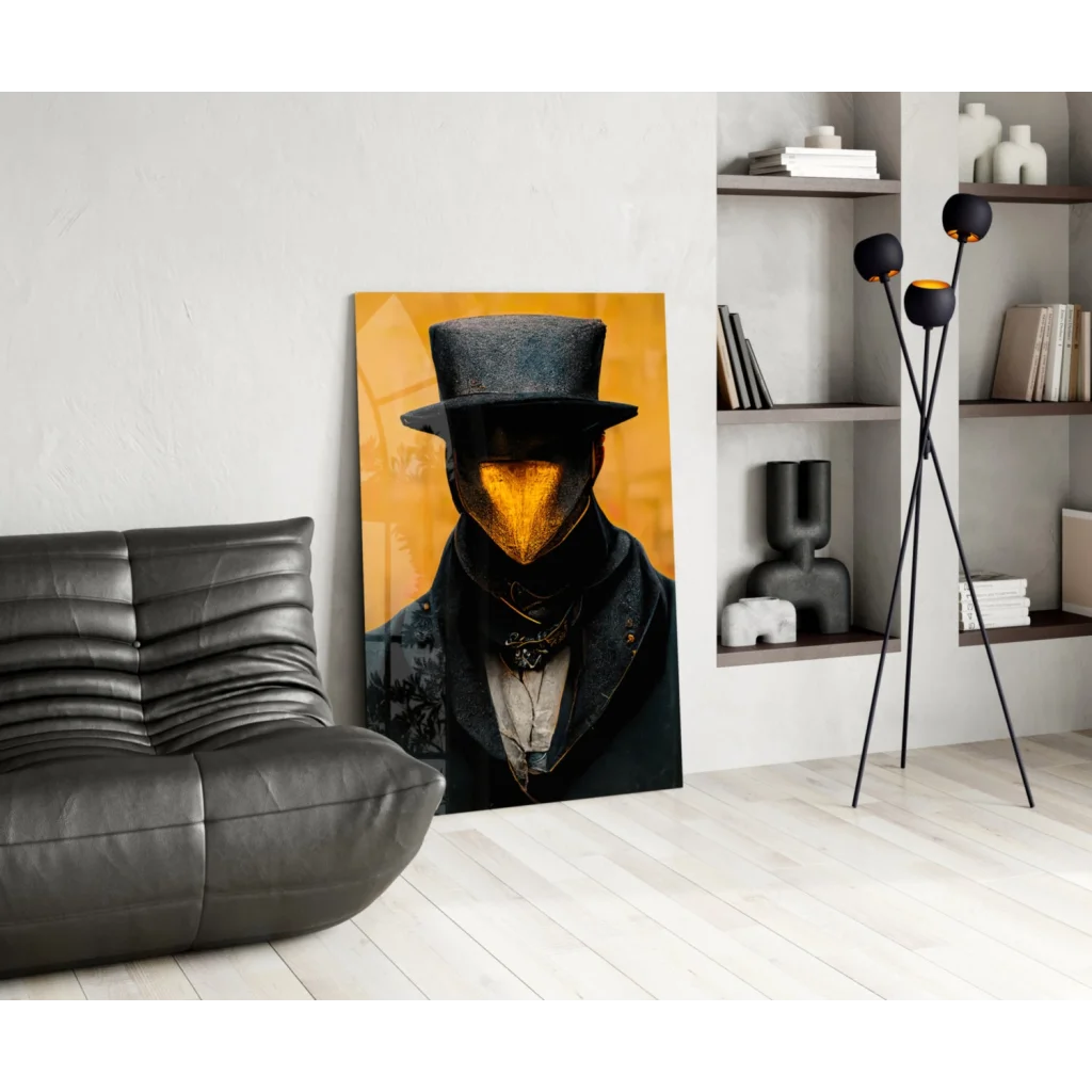 Glossy top hat glass wall art with orange mask on yellow background