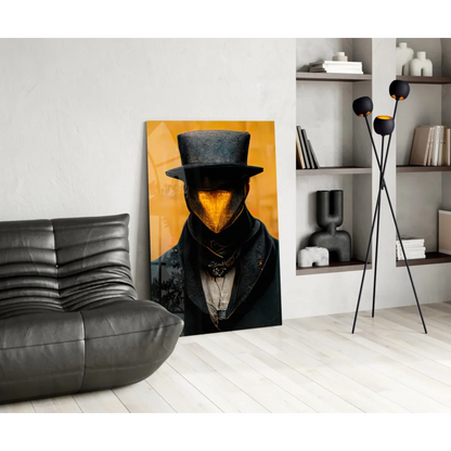 Glossy top hat glass wall art with orange mask on yellow background