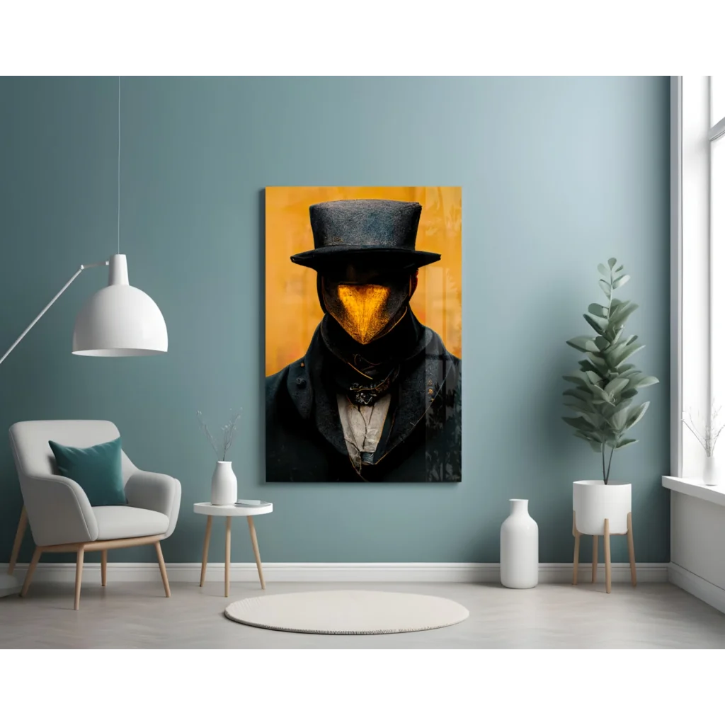 Glossy top hat figure with golden mask in vibrant orange glass wall art