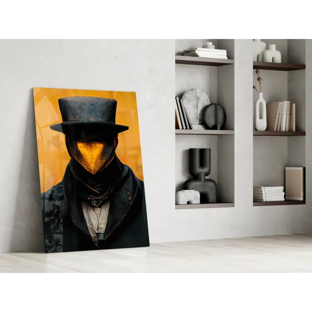 Glossy top hat glass wall art with glowing golden mask on orange canvas
