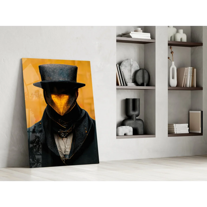Glossy top hat glass wall art with glowing golden mask on orange canvas