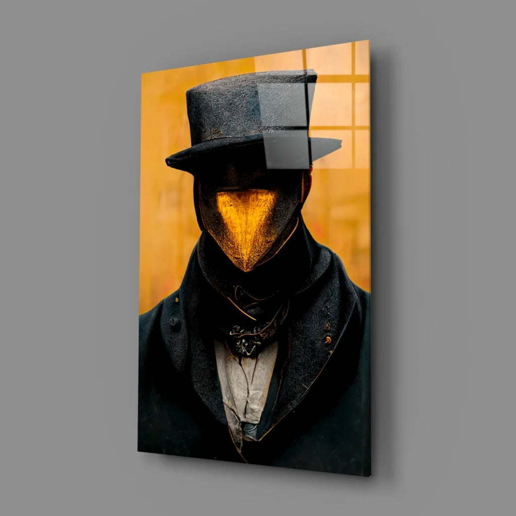 Glossy black top hat glass wall art on vibrant orange canvas