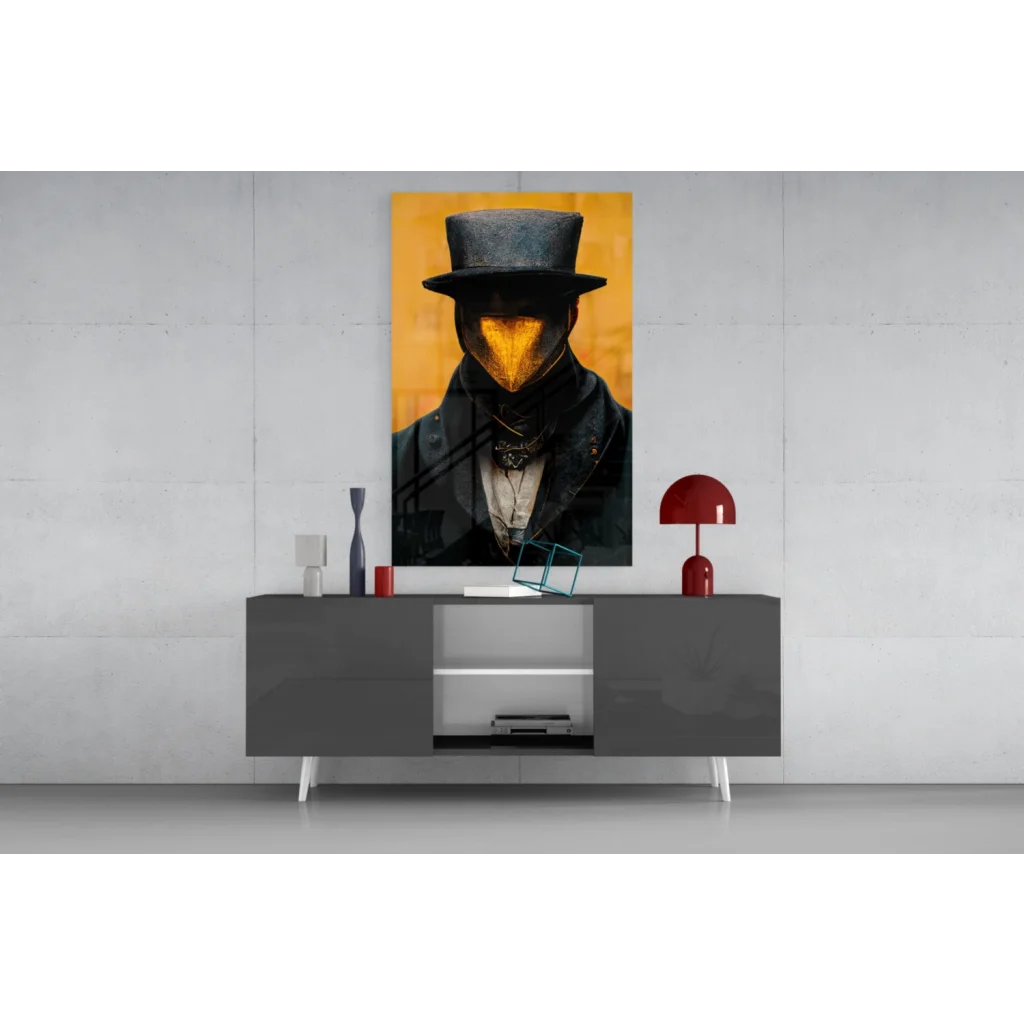 Glossy top hat figure in orange glow on vibrant yellow glass wall art