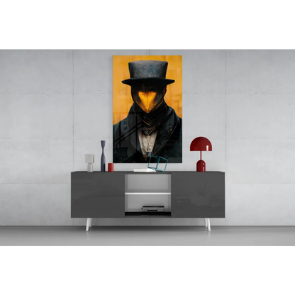 Glossy top hat figure in orange glow on vibrant yellow glass wall art