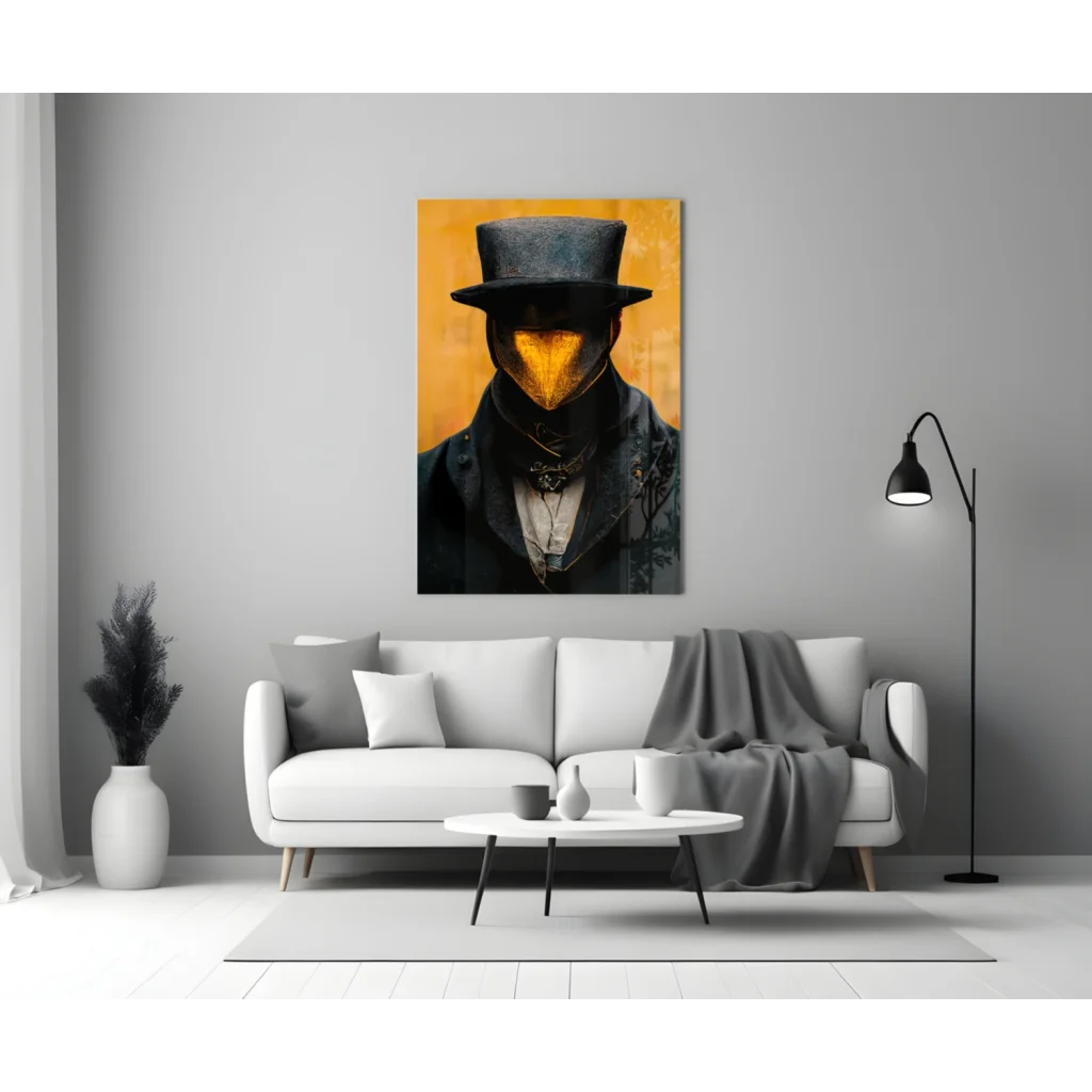 Glossy black top hat on illustrated figure in glass wall art