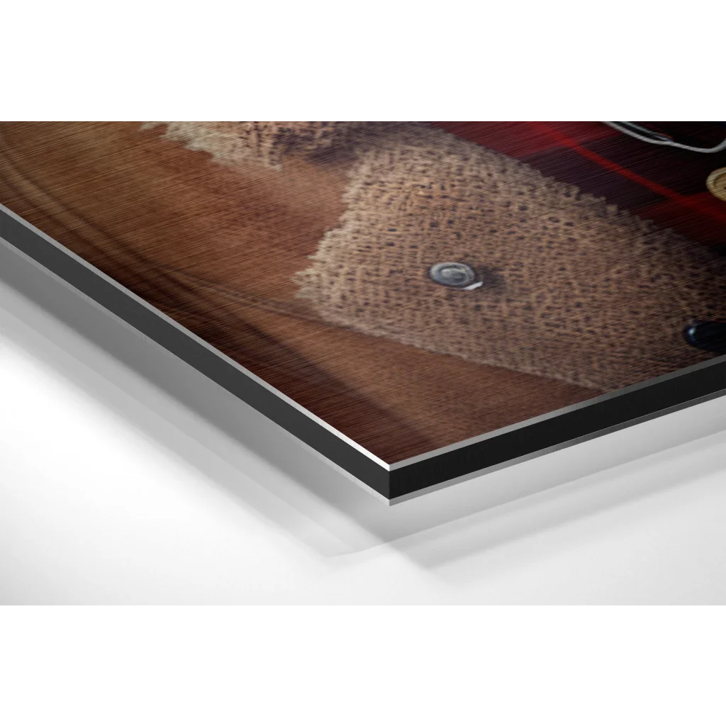 Glass Wall Art Mr. Dog brushed aluminium dibond art on burlap wood with rivets