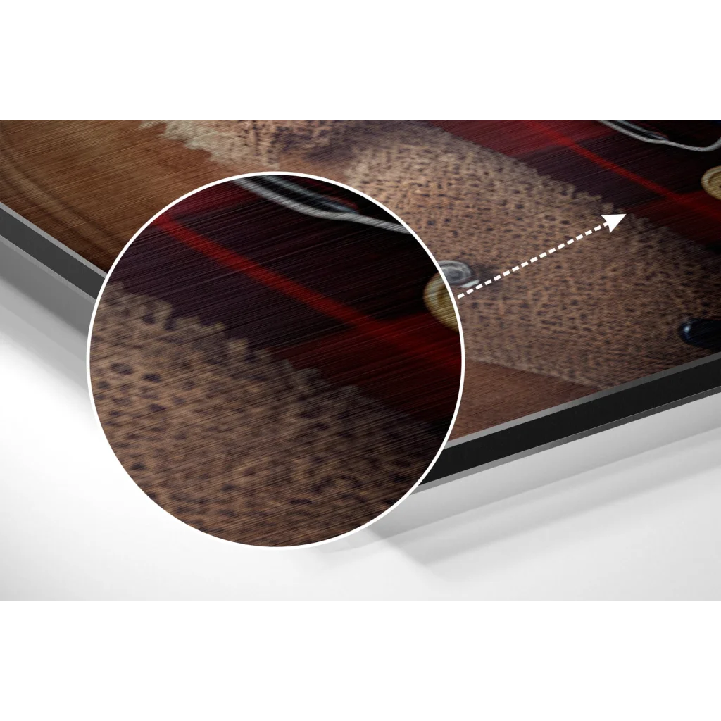 glass wall art Close-up of textured dark brown leather with red stitching in Mr. Dog brushed aluminium dibond wall art