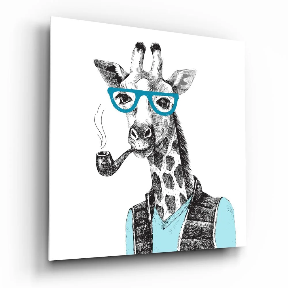 Dapper giraffe in turquoise glasses and vest on tempered glass art