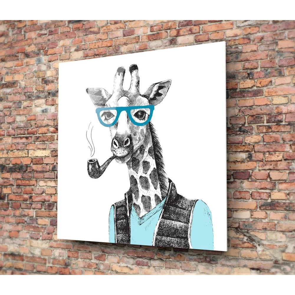 Dapper Giraffe tempered glass art with turquoise accents on glasses and vest