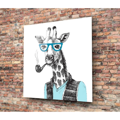 Dapper Giraffe tempered glass art with turquoise accents on glasses and vest