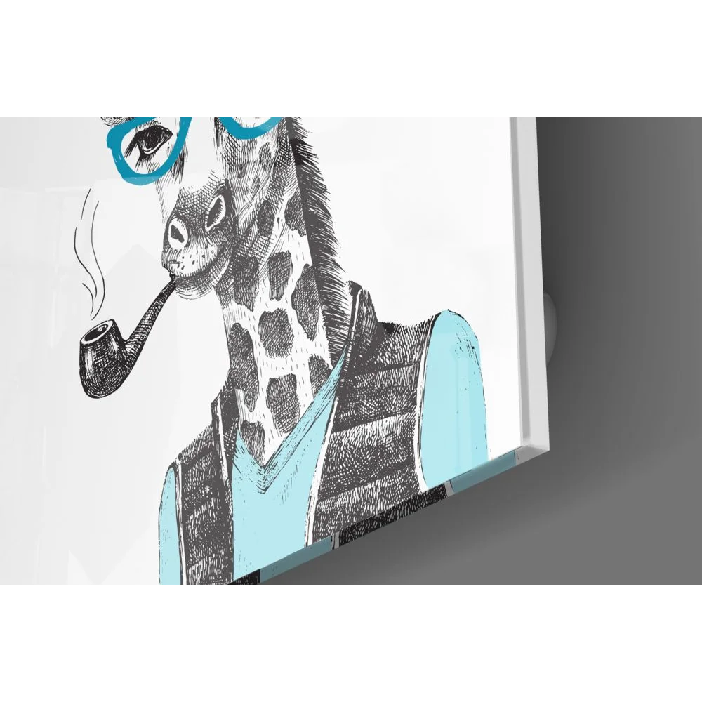 Dapper giraffe tempered glass art with turquoise accents and sketch style