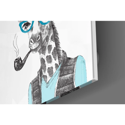 Dapper giraffe tempered glass art with turquoise accents and sketch style