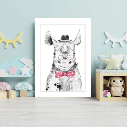 Dapper Rhino Insigne Aluminum Print with Pink Bow Tie | Modern Wall Art Decor | vintageantiquesgifts.com