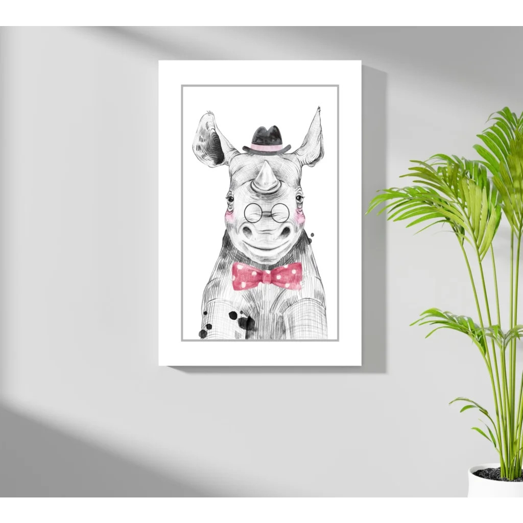 Dapper rhino insigne aluminum print with pink bow tie and glasses
