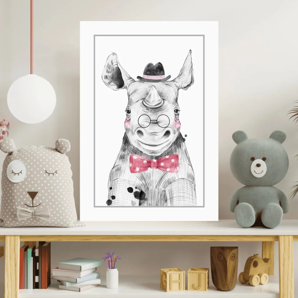 Charming dapper rhino insigne aluminum print with pink bow tie