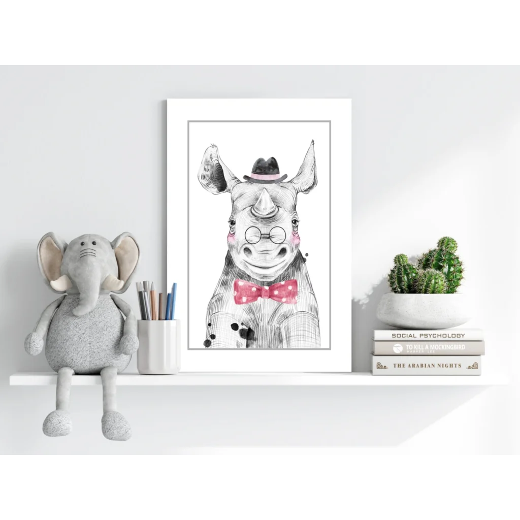 Dapper rhino insigne aluminum print with pink bow tie portrait