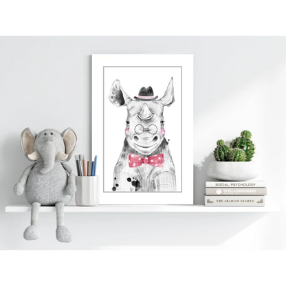 Dapper rhino insigne aluminum print with pink bow tie portrait