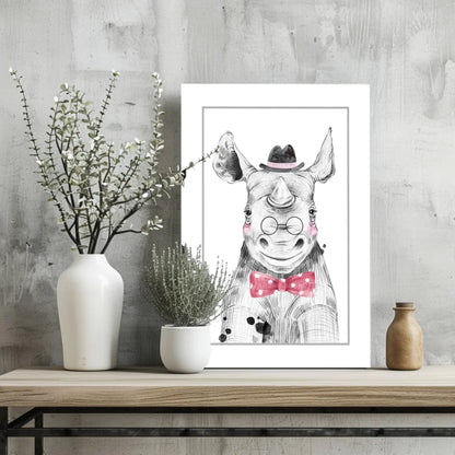 Dapper Rhino Insigne Aluminum Print with Pink Bow Tie | Glass Wall Art Print | vintageantiquesgifts.com