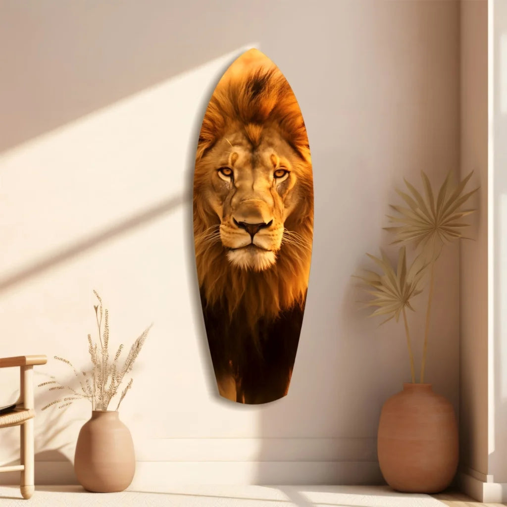 Majestic lion face on vertical surfboard tempered glass art