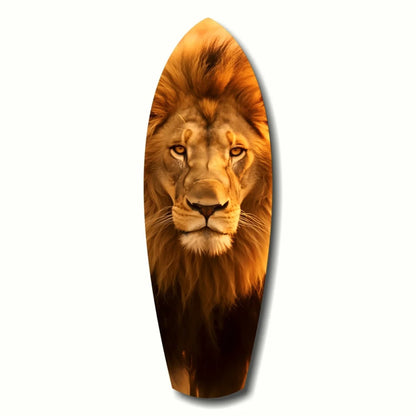 Majestic Lion surfboard tempered glass art with golden-brown portrait