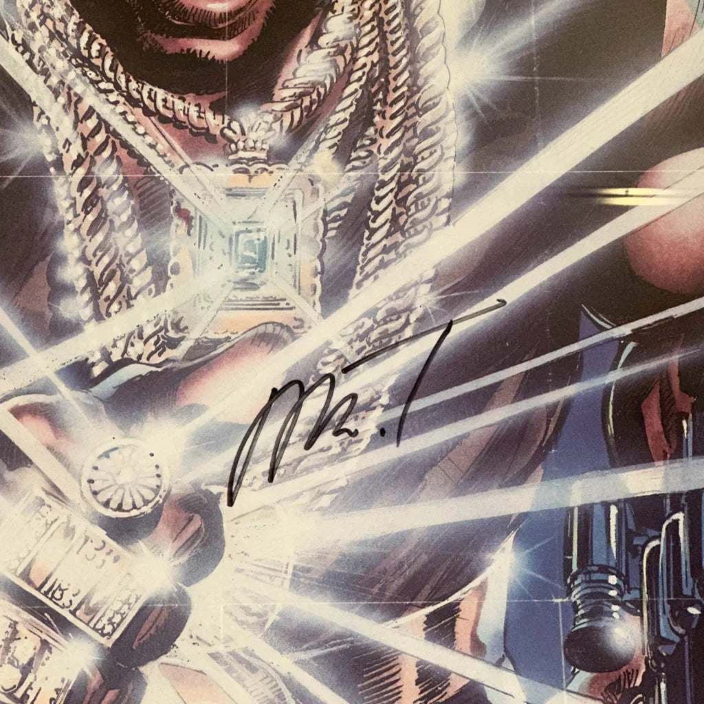 Signed Mr. T autographed vintage framed poster with stylized man in gold chains and radiant light beams