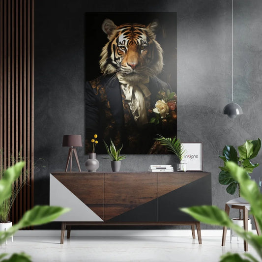 Striking black-and-white tiger in bow tie on brushed aluminium dibond art
