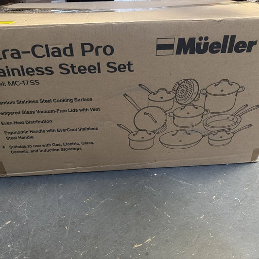 Mueller pots and pans set 17-piece Ultra-Clad Pro stainless steel cookware set in box
