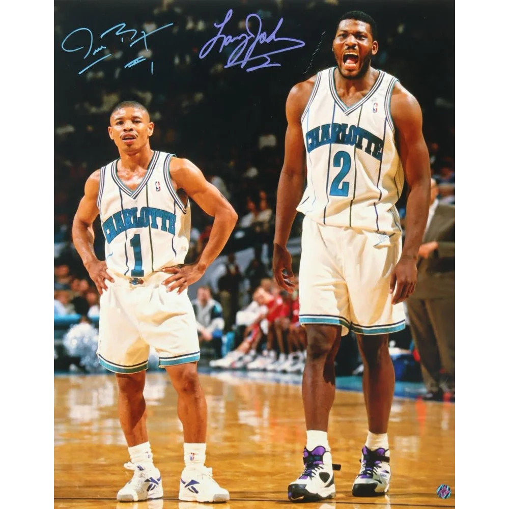 Two basketball players in Charlotte Hornets uniforms with world memorabilia hologram featuring Muggsy Bogues and Larry Johnson