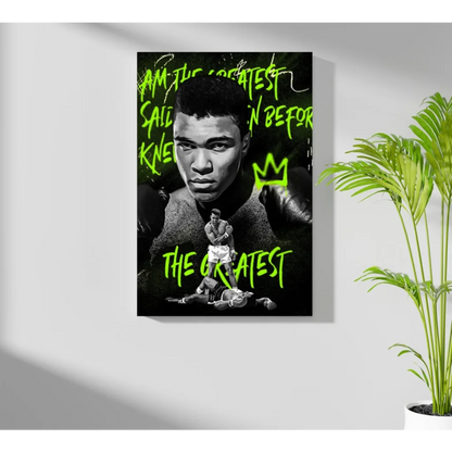 Muhammad Ali neon green insigne aluminum print with I am the greatest crown