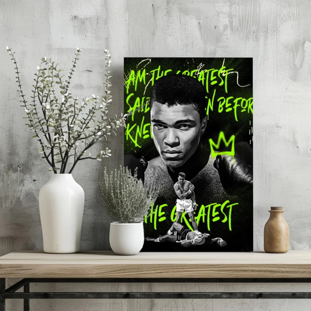 Muhammad Ali Neon Green Insigne Aluminum Prints | Glass Wall Art Print | vintageantiquesgifts.com