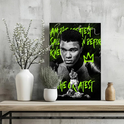 Muhammad Ali Neon Green Insigne Aluminum Prints | Glass Wall Art Print | vintageantiquesgifts.com