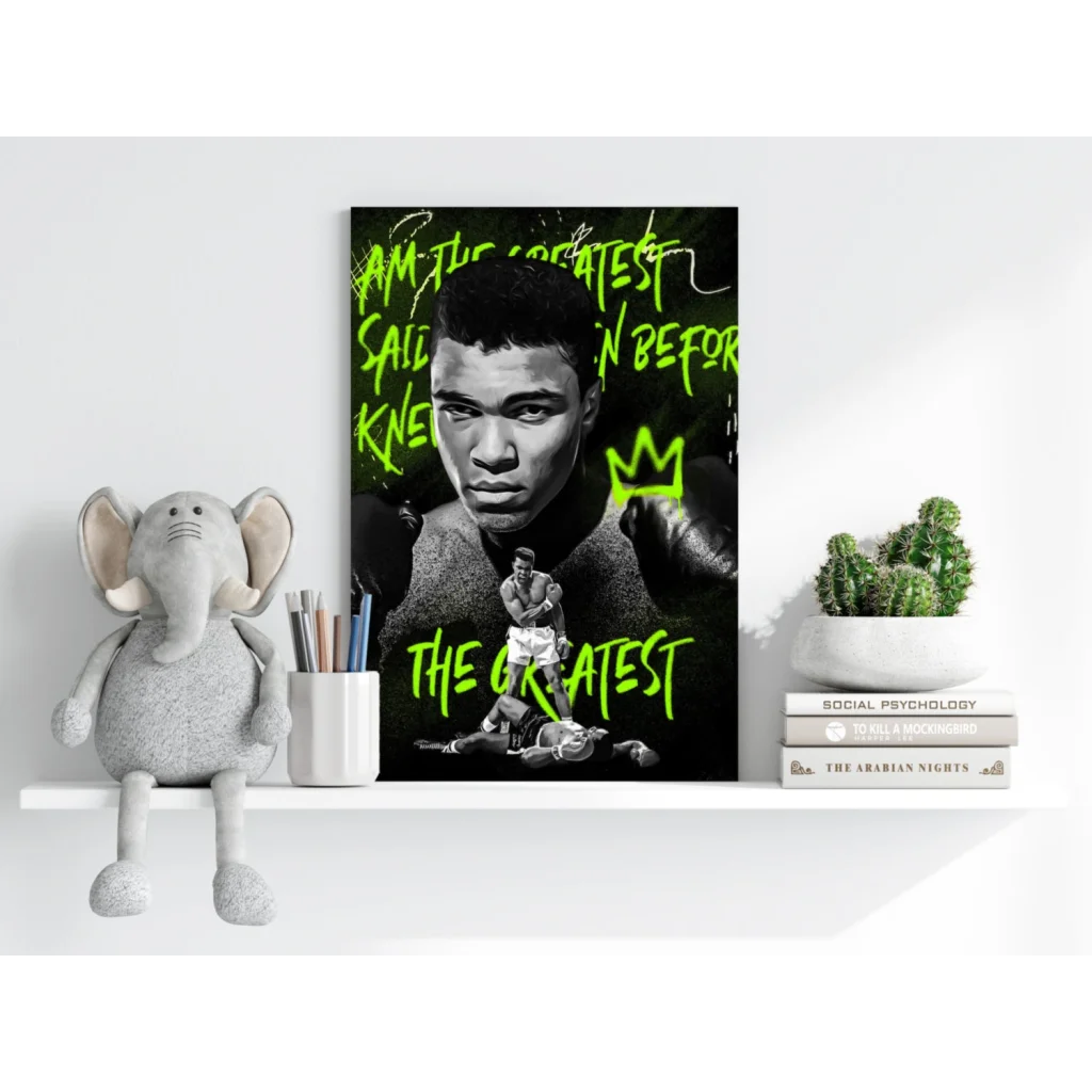 Muhammad Ali neon green insigne aluminum print with i am the greatest text
