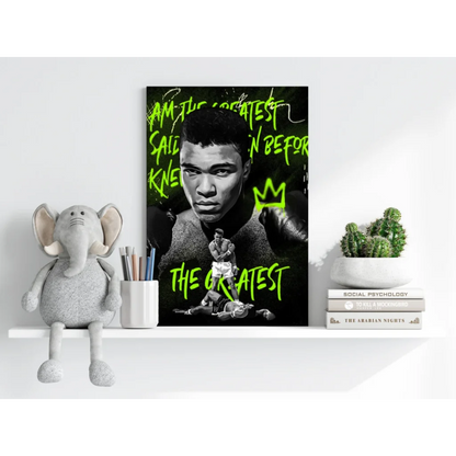 Muhammad Ali neon green insigne aluminum print with i am the greatest text